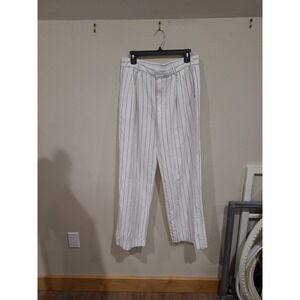 GAP Women SZ 12 White Navy Pinstripe Linen wide leg hi rise Pants Coastal office